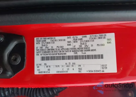 2016 Ford F-150 Xlt из США, поврежденный, VIN 1FTEW1EG2GFB20244